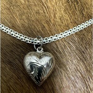Vintage Sterling Silver 925 Diamond Cut Puffy Heart Charm Pendant Necklace 18 in